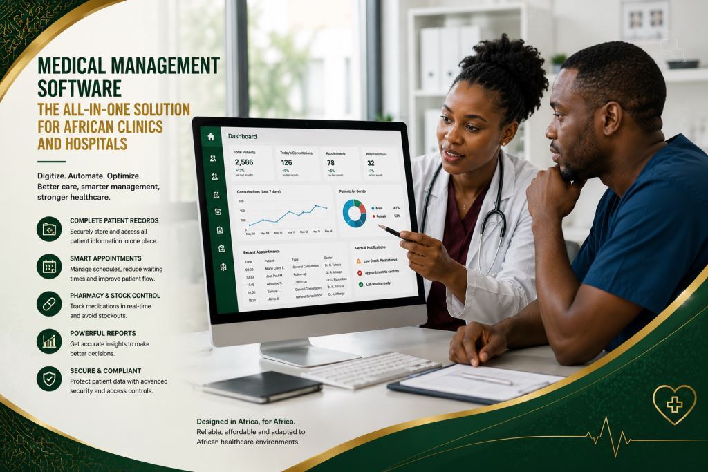 Medical management software dashboard helping doctors and hospitals improve patient care and healthcare management in Cameroon and Africa