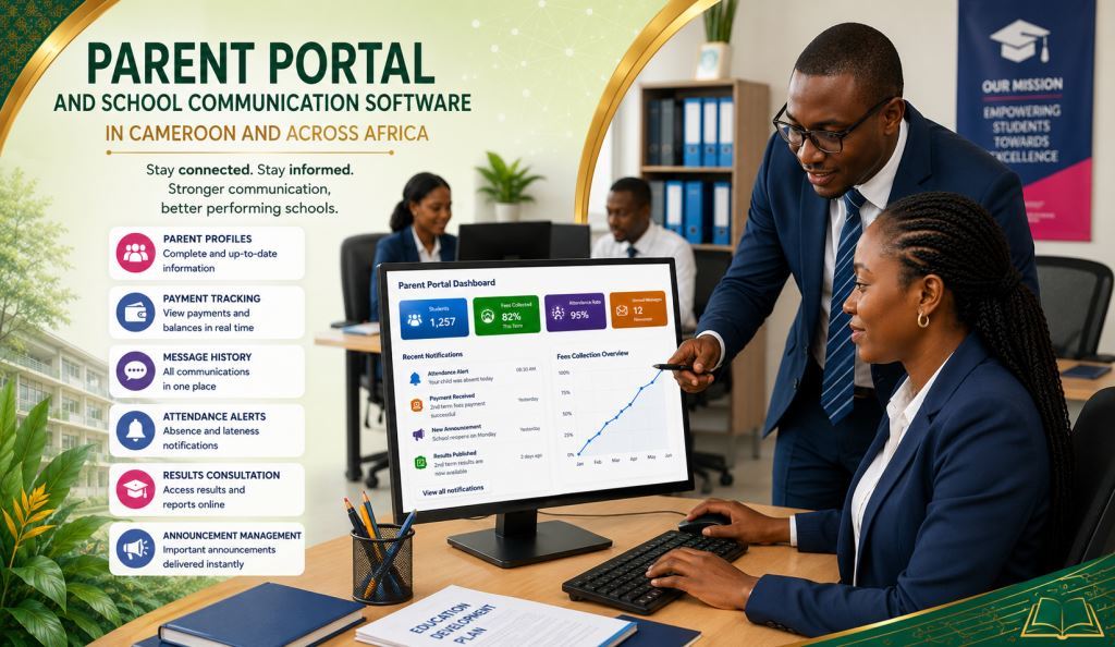 African staff using school parent portal Cameroon with Prosoft Africa support.
