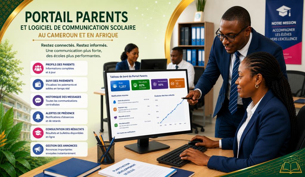Personnel africain utilisant portail parent scolaire Cameroun avec l’assistance de Prosoft Africa.