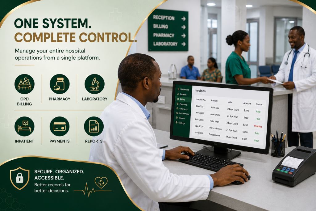 Hospital Billing and Revenue Control Software Hospital billing and revenue control software is becoming important for clinics, hospitals, laboratories, pharmacies and healthcare centers that want to organize daily work without depending only on paper, WhatsApp messages or scattered spreadsheets. Prosoft Africa helps clinic owners, hospital administrators, doctors, nurses, receptionists, cashiers, pharmacists and laboratory teams use digital tools for better records, clearer reports and practical accountability across Cameroon and Africa. Clear billing protects both the patient and the clinic. It explains what was charged, what was paid and what remains to be followed up. This article explains how this topic fits inside a complete hospital management software strategy. It focuses on practical use, staff adoption, reporting, setup and support so decision makers can understand what to look for before choosing a platform. Why This Topic Matters For Daily Operations The problem usually begins when patient registration, appointments, consultations, billing, pharmacy, laboratory results, staff access and reports are handled in different notebooks, phones, spreadsheets or verbal instructions. The organization may still operate every day. However, it becomes difficult to know which record is final, who entered it and whether managers are seeing the truth on time. Common warning signs include lost patient files, long queues at reception, unclear invoices and pharmacy stock gaps. These problems may look small at first. However, they become expensive when the organization grows or staff change positions. A digital system should reduce confusion. At the same time, it should not make the team feel lost. The aim is to give staff a shared structure for daily work and a reliable way for owners to monitor operations. In healthcare facilities across Cameroon and Africa, many organizations need systems that adapt to different levels of computer experience. Therefore, platforms must include simple screens, clear steps, user permissions, practical training and continuous support. Discover our hospital management software alongside hospital billing and revenue control software to simplify patient billing, payment tracking, and financial management in healthcare facilities. Key Features To Look For Consultation Billing Consultation billing must be easy to use during daily work and not only during reporting periods. It should help staff record information once and reuse it when needed. This improves accuracy and reduces duplication in clinics and hospitals across Cameroon and Africa. When properly configured inside hospital billing and revenue control software, it improves efficiency across all departments. Service Price Lists Service price lists help organizations manage charges in a structured way. They ensure that all services are recorded once and used consistently. This reduces errors and improves financial transparency in healthcare facilities across Cameroon and Africa. Cashier Receipts Cashier receipts allow staff to generate accurate payment records during daily operations. This improves financial control and ensures that all transactions are properly documented inside hospital billing and revenue control software. Payment History Payment history helps organizations track all patient payments in one system. It improves follow-up and makes financial monitoring easier for managers and accountants. Daily Cash Reports Daily cash reports give managers a clear view of daily income and financial performance. This supports better decision-making and improves financial control across healthcare facilities. Approval Controls Approval controls ensure that only authorized staff can validate transactions. This increases accountability and improves financial security within the system. Benefits For Owners, Managers, Staff And Customers The first benefit is visibility. Owners and managers can stop relying on verbal updates and instead use structured reports to monitor operations. The second benefit is accountability. Every action in the system is recorded. Therefore, it is easy to track who created, edited or approved a record. The third benefit is speed. Staff can access information quickly without moving between departments or searching through paper files. The fourth benefit is planning. Data reveals patterns such as busy periods, delays and financial trends. As a result, decision-making becomes more accurate. How To Implement It Without Confusing The Team Implementation begins with a workflow audit. Before setup, organizations must identify their processes, reports and users. This allows proper configuration of hospital billing and revenue control software. Next, data preparation ensures that information is organized before migration. This reduces duplication and improves system quality. Then, staff training is delivered based on roles. Each user learns only what they need for their daily tasks. Finally, post-launch support ensures stability and helps correct early issues. Available Across Cameroon And Africa Prosoft Africa provides installation, training and support across Cameroon, including Douala, Yaoundé, Buea, Bamenda, Limbe, Bafoussam, Garoua, Maroua, Ngaoundéré and Bertoua. In addition, organizations across Africa can access remote installation, online demos and continuous support. Decision Checklist Before Requesting A Demo Organizations should define the exact data they want to manage and assign user roles clearly. They should also prepare sample reports for better financial control and decision-making. A small pilot team should be selected to test the system before full deployment. Finally, support and maintenance conditions should be confirmed in advance. Frequently Asked Questions Who should use hospital billing and revenue control software? It is designed for clinic owners, hospital administrators, doctors, nurses, receptionists, cashiers, pharmacists and laboratory teams who need better financial control and reporting. Can beginners use the system? Yes, the system includes simple interfaces and role-based access. This makes it easy for beginners to use in daily operations. Should all features be activated at once? No. It is better to start with essential functions and add more modules gradually. Conclusion Hospital billing and revenue control software is not just a technical tool. It is a management system that improves structure, transparency and efficiency in healthcare operations. Prosoft Africa supports clinics and hospitals across Cameroon and Africa with setup, training and long-term support. Explore more expert articles on hospital management , hospital billing and revenue control software, healthcare digital transformation, and healthcare management solutions across Cameroon and Africa to deepen your understanding. Stay connected with Prosoft Africa on Facebook, Instagram, LinkedIn, X (Twitter), and TikTok to discover innovative hospital billing and revenue control software solutions, live demos, success stories, and updates transforming healthcare across Cameroon and Africa.