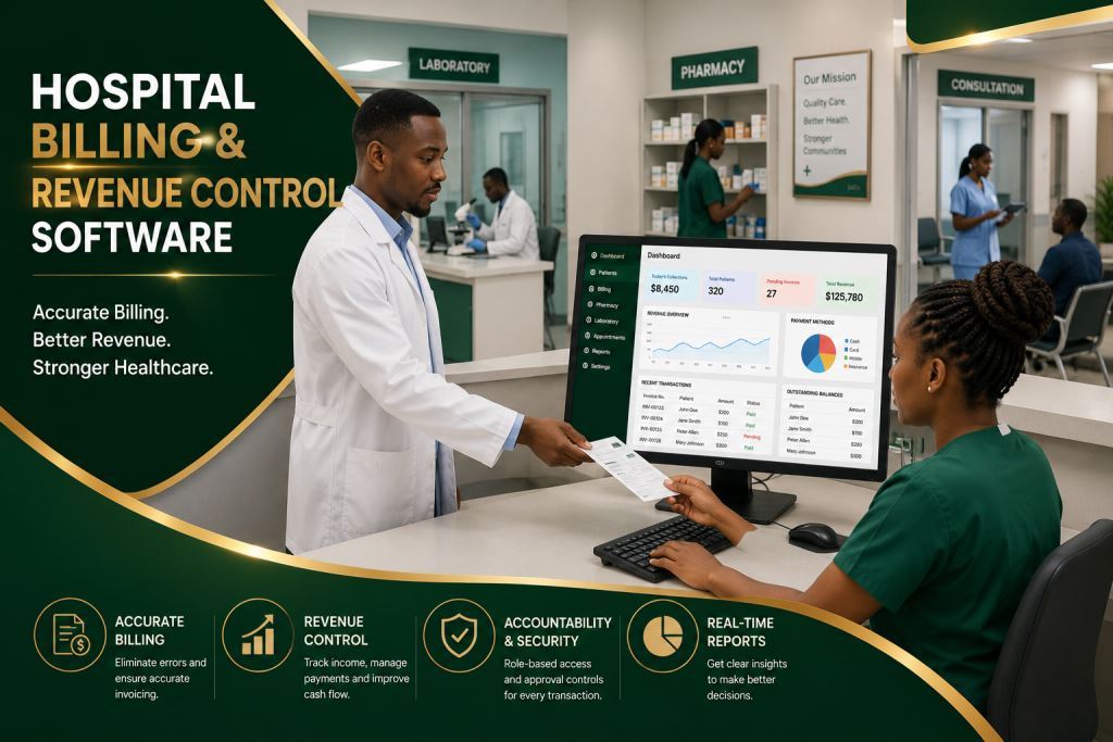 African staff using hospital billing and revenue control software