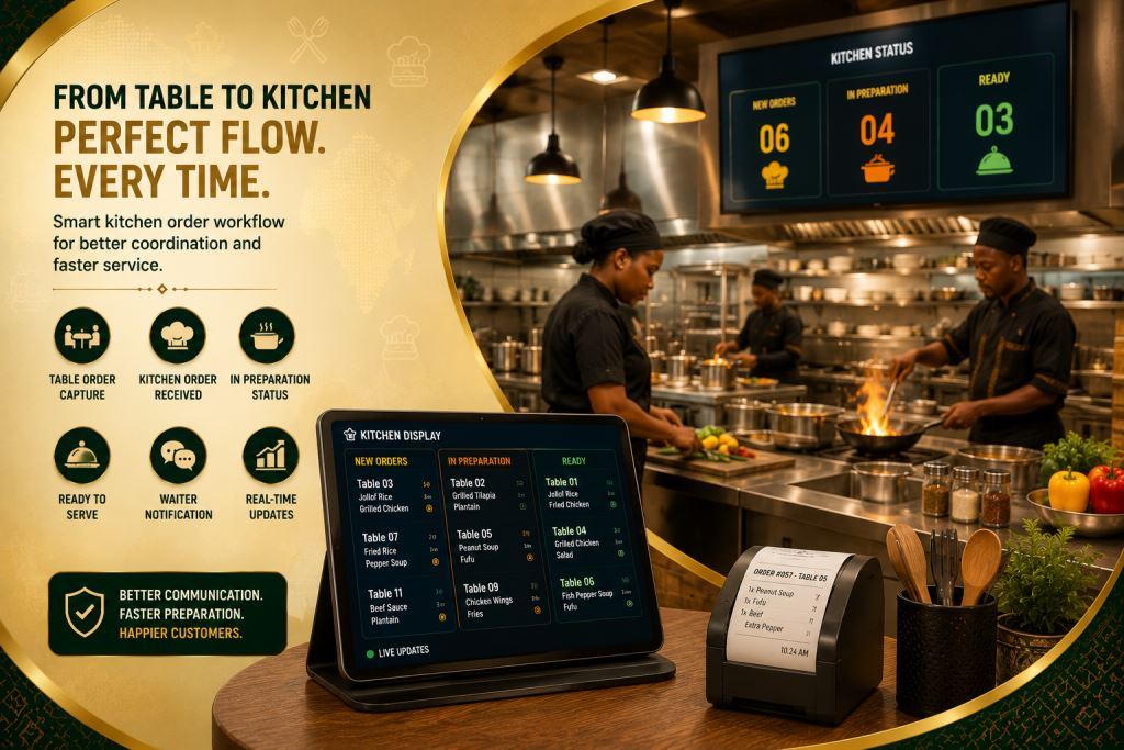 African staff using kitchen order workflow software restaurant