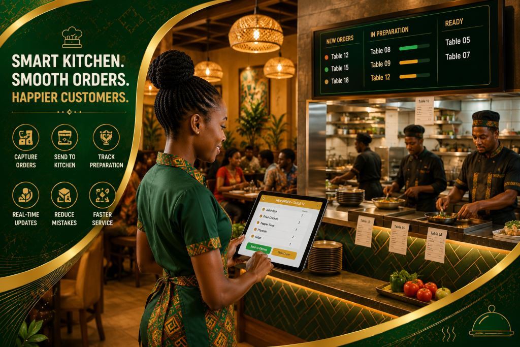 African staff using kitchen order workflow software restaurant