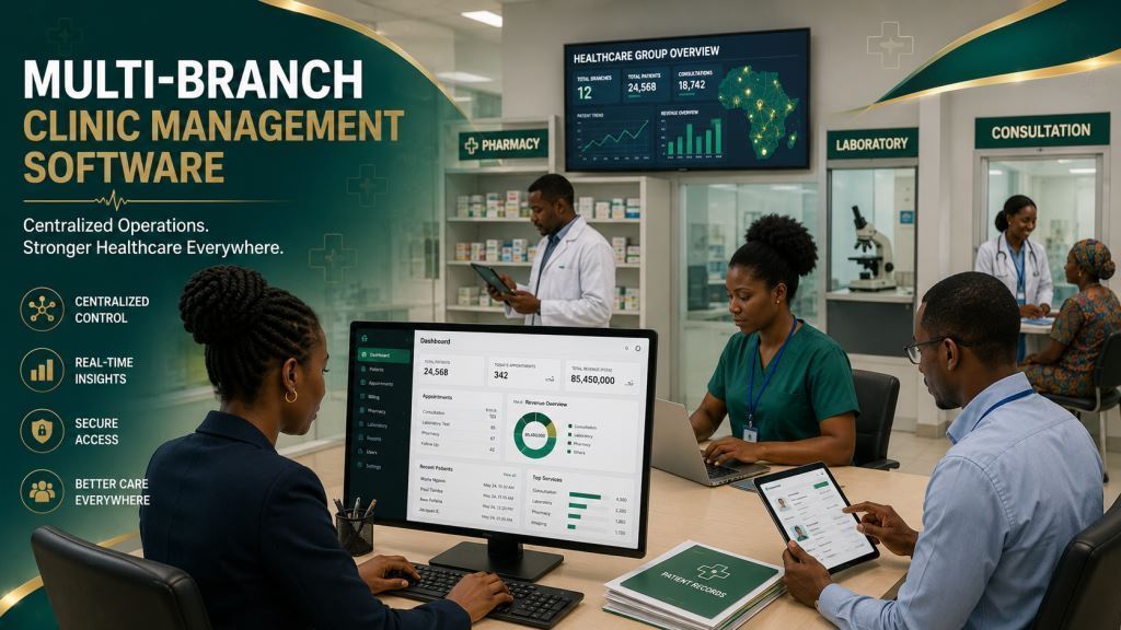 African staff using multi-branch clinic management software Africa