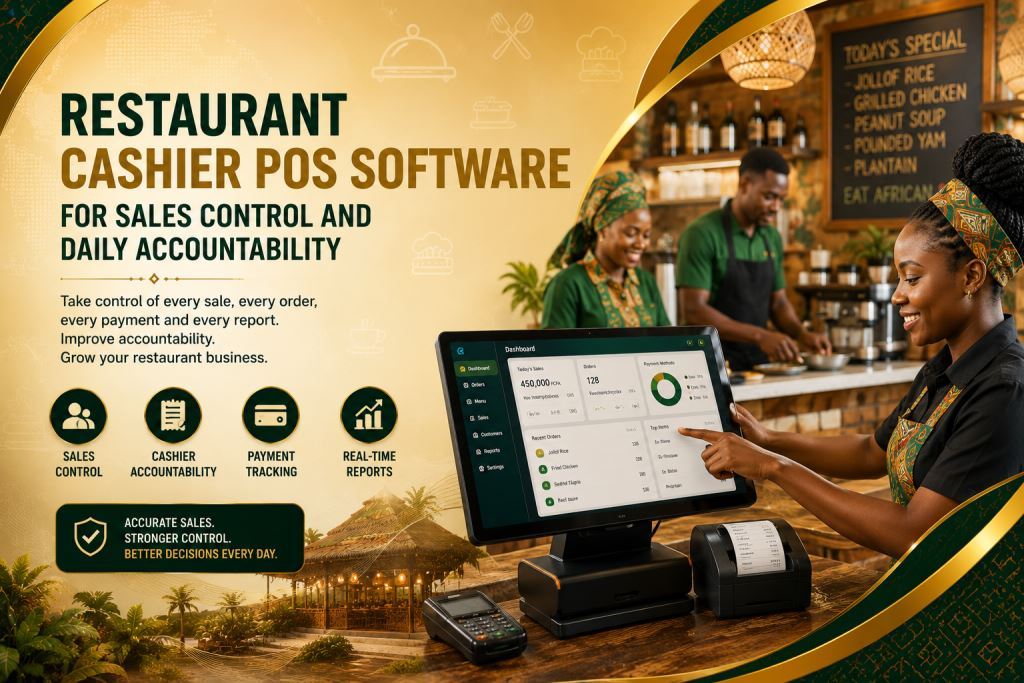 African staff using restaurant cashier POS software Cameroon