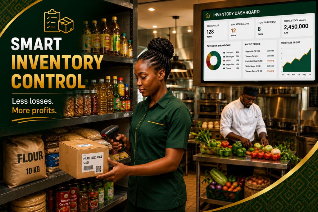 African staff using restaurant inventory control software Cameroon 