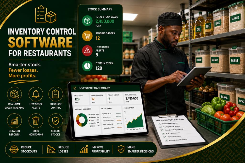 African staff using restaurant inventory control software Cameroon 