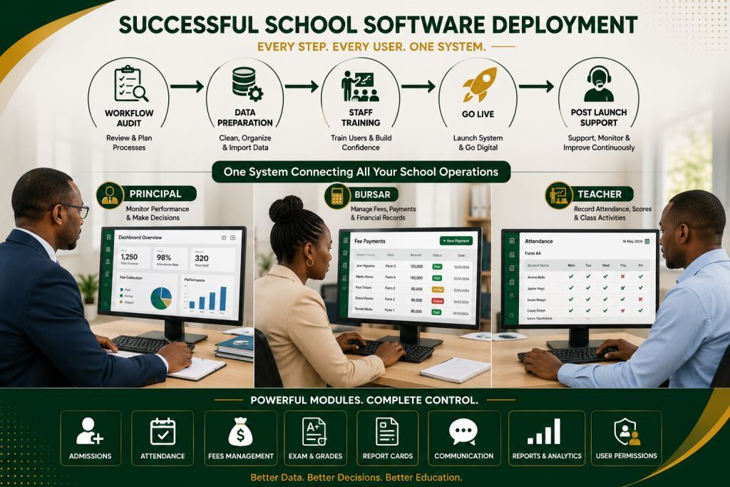 African staff using school management software implementation checklist 