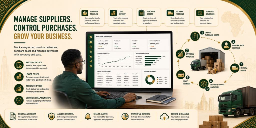 African staff using supplier and purchase management software Cameroon