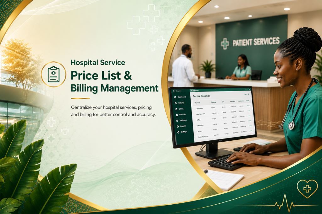 Hospital service price list and billing package management software dashboard for clinics and hospitals in Cameroon and across Africa
