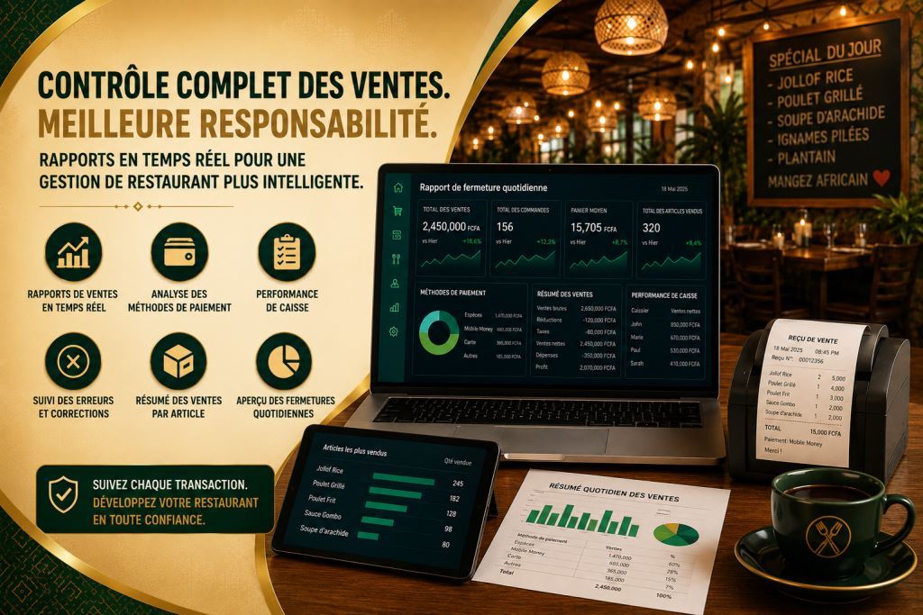 Personnel africain utilisant logiciel POS de caisse restaurant Cameroun