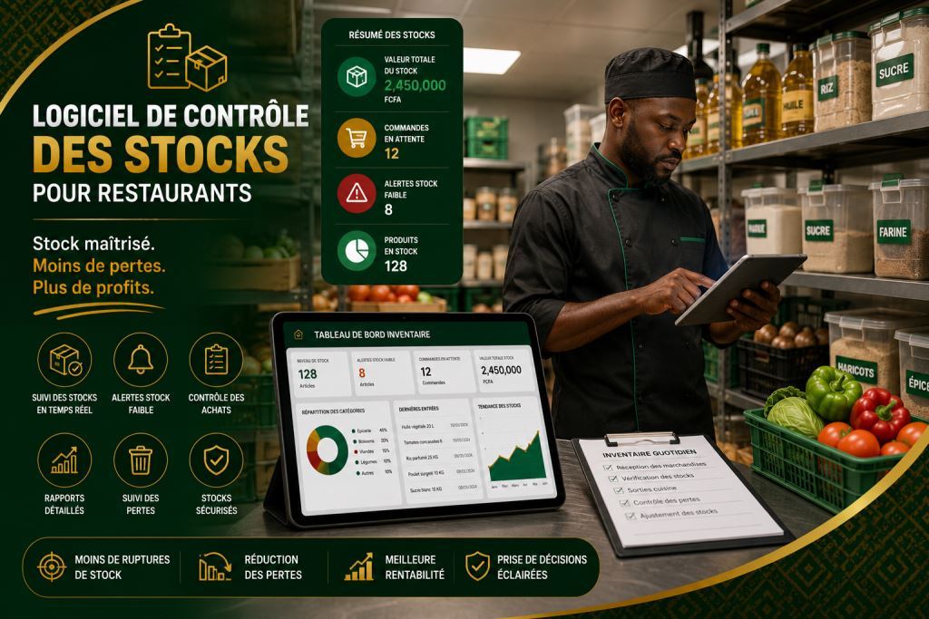 Personnel africain utilisant logiciel de contrôle d’inventaire restaurant Cameroun 