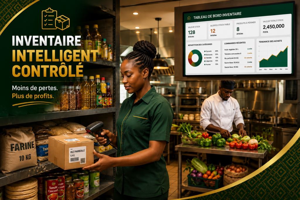 Personnel africain utilisant logiciel de contrôle d’inventaire restaurant Cameroun 