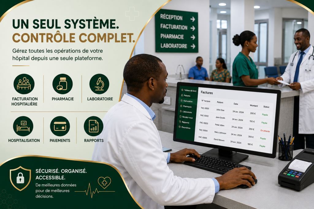 Personnel africain utilisant logiciel de facturation et contrôle des revenus hospitaliers