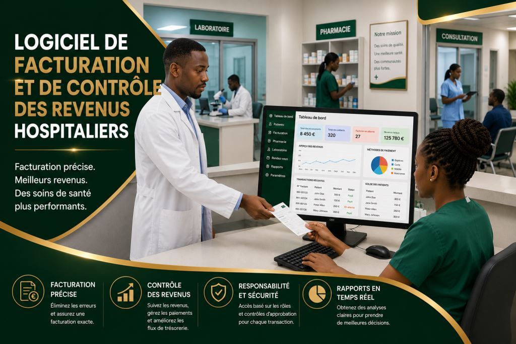 Personnel africain utilisant logiciel de facturation et contrôle des revenus hospitaliers