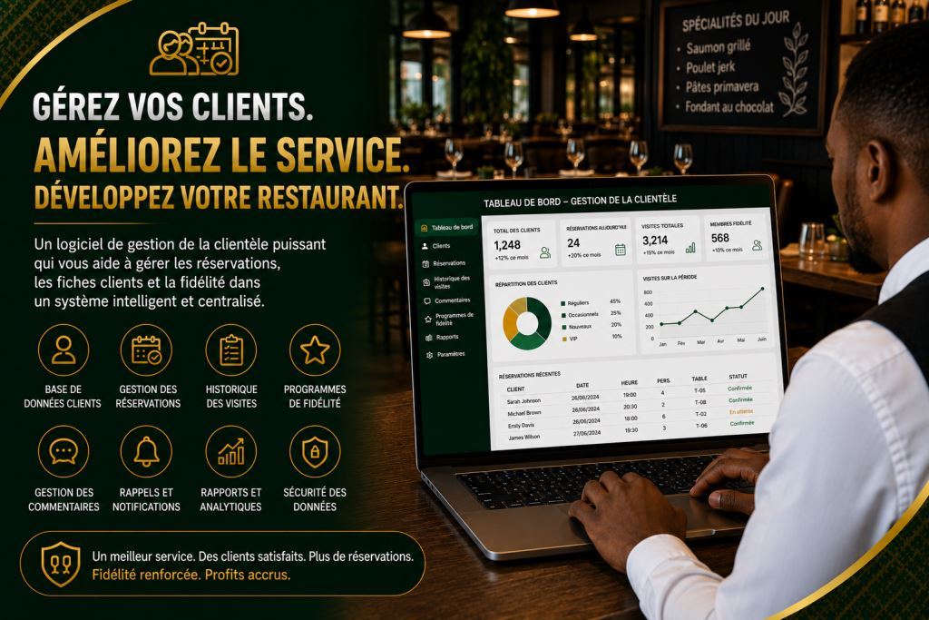 Personnel africain utilisant logiciel de gestion clients restaurant Afrique 