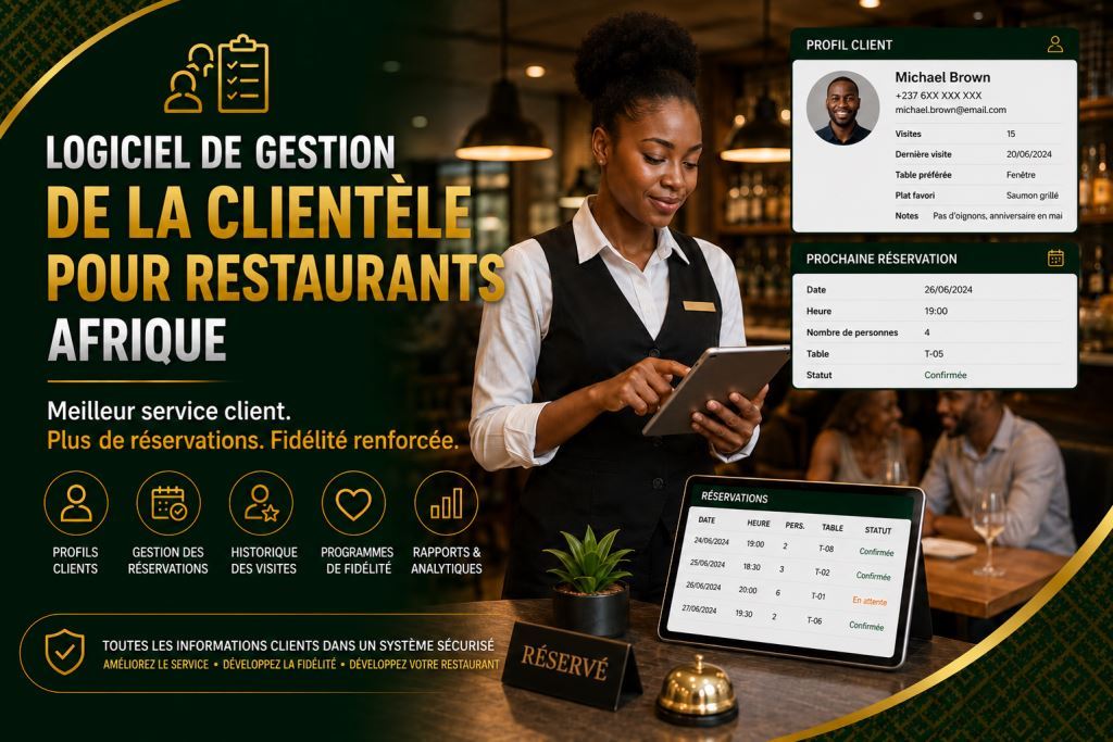 Personnel africain utilisant logiciel de gestion clients restaurant Afrique 