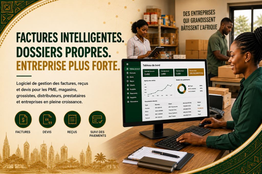 Personnel africain utilisant logiciel de gestion des factures et devis Afrique 