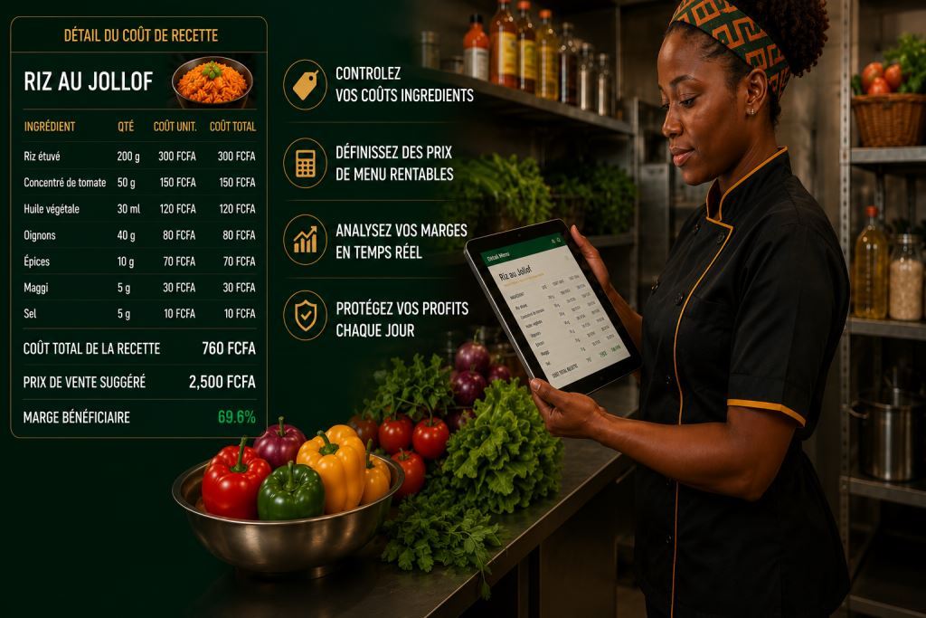 Personnel africain utilisant logiciel de gestion des prix du menu restaurant Afrique 