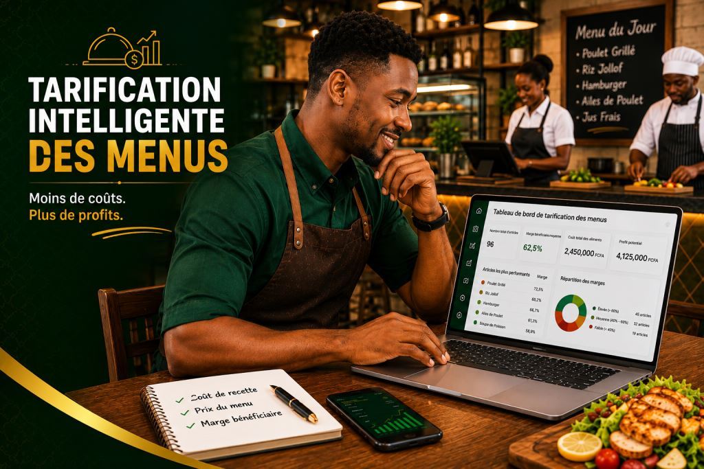 Personnel africain utilisant logiciel de gestion des prix du menu restaurant Afrique 