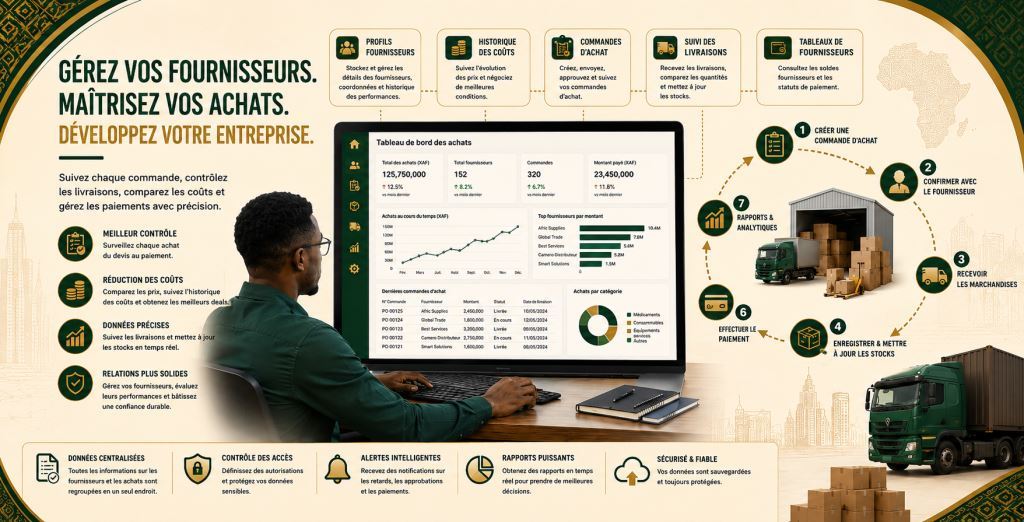 Personnel africain utilisant logiciel de gestion fournisseurs et achats Cameroun