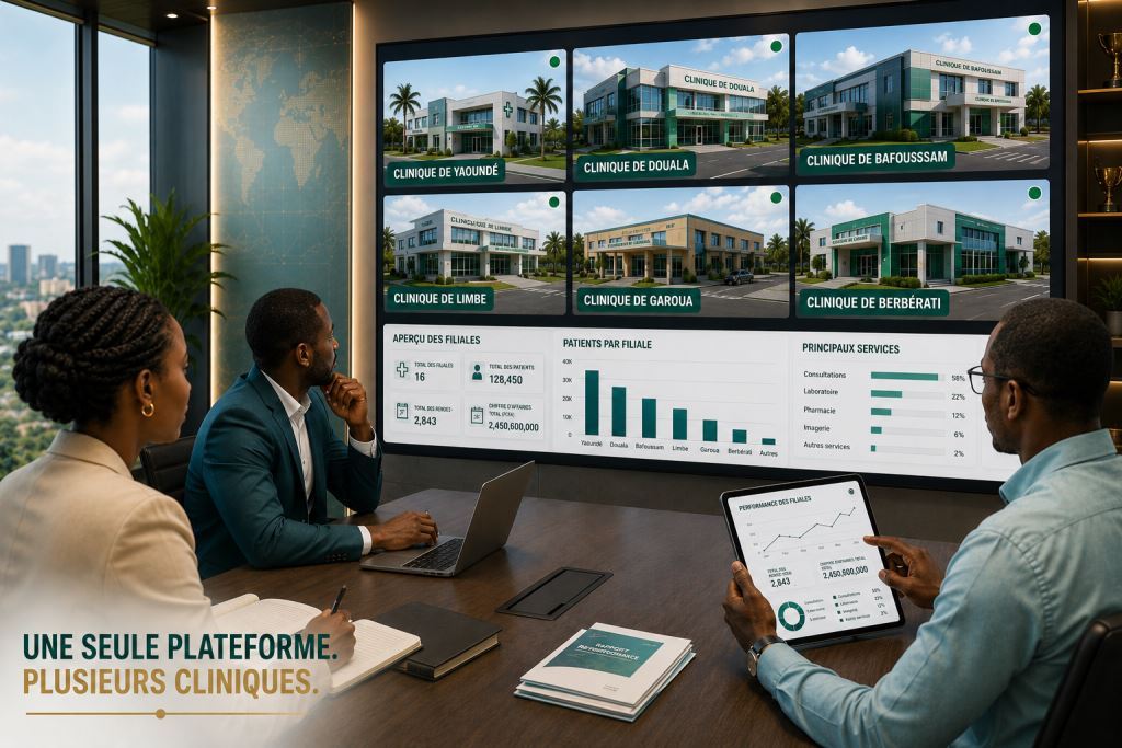 Personnel africain utilisant logiciel de gestion multi-branches clinique Afrique