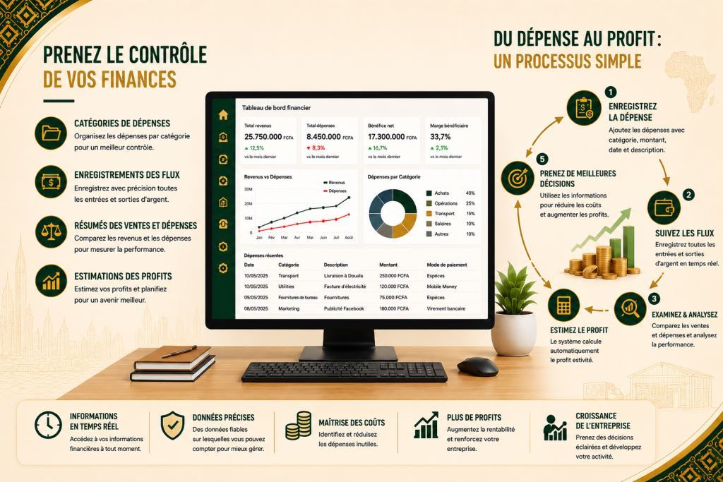 Personnel africain utilisant logiciel de suivi des dépenses PME Cameroun