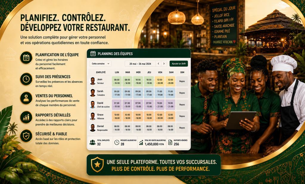 Personnel africain utilisant logiciel gestion horaires personnel restaurant