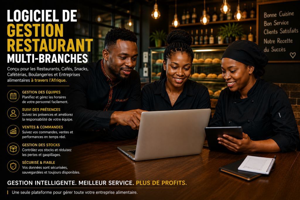 Personnel africain utilisant logiciel gestion horaires personnel restaurant