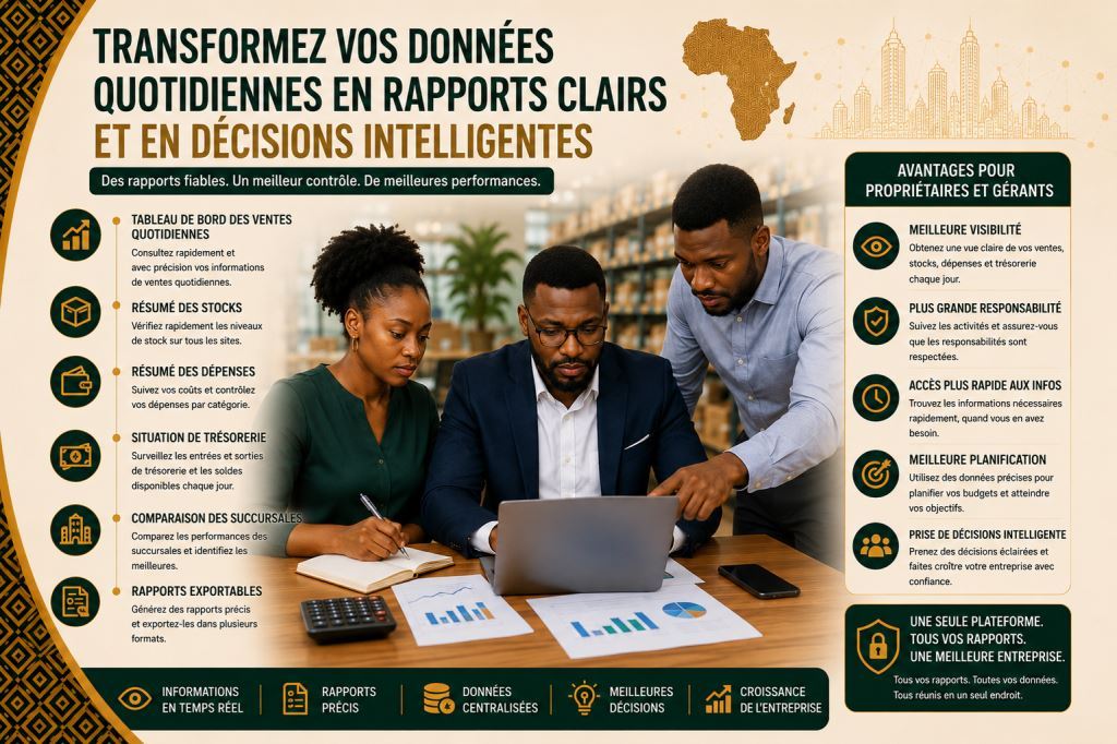 Personnel africain utilisant logiciel tableau de bord entreprise Cameroun