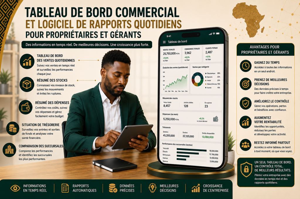 Personnel africain utilisant logiciel tableau de bord entreprise Cameroun