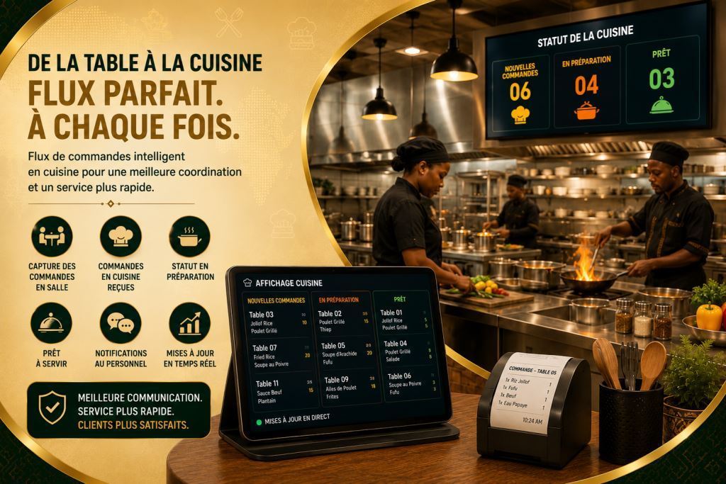 Personnel africain utilisant logiciel workflow commandes cuisine restaurant 