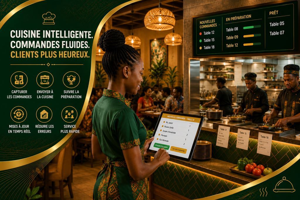 Personnel africain utilisant logiciel workflow commandes cuisine restaurant 