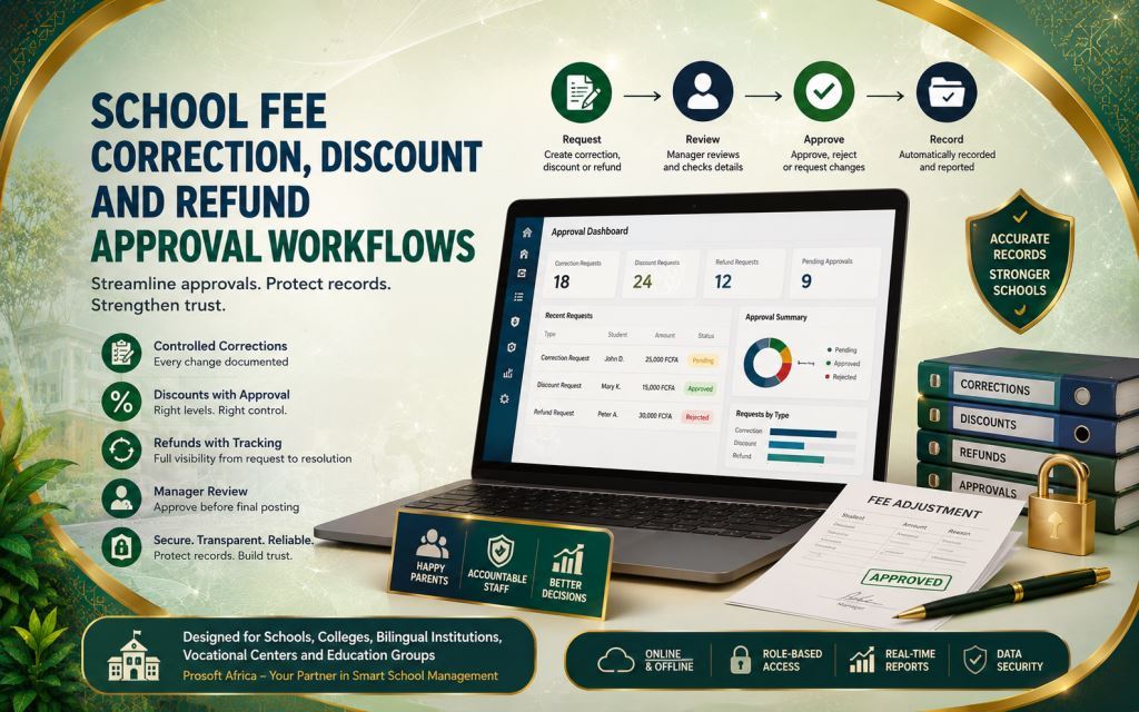 school manager approving a fee correction request in ERP software for school fee approval workflow